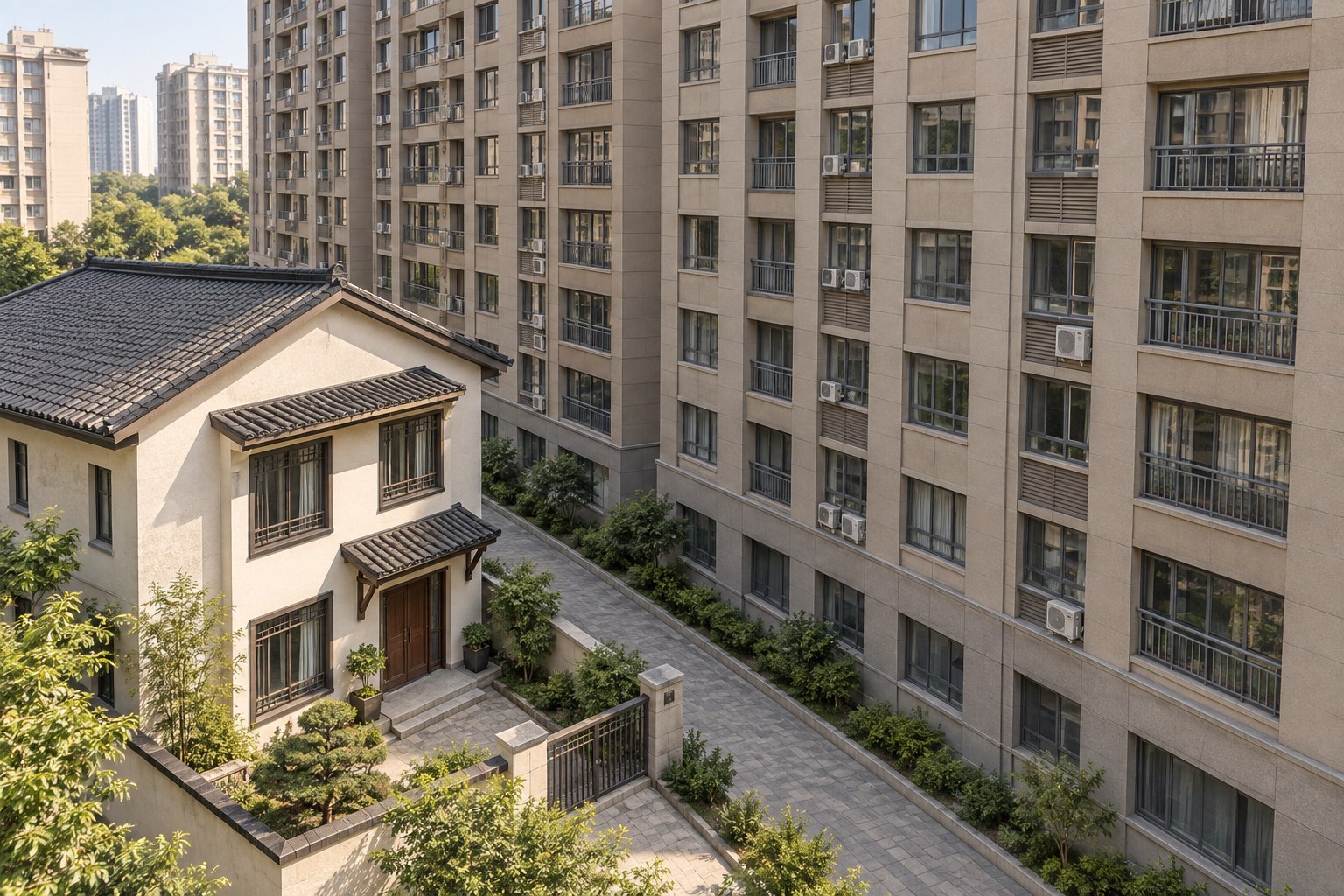 两层住宅的前院与高大公寓宽阔立面之间仅隔窄通道，高楼近逼小宅前方。