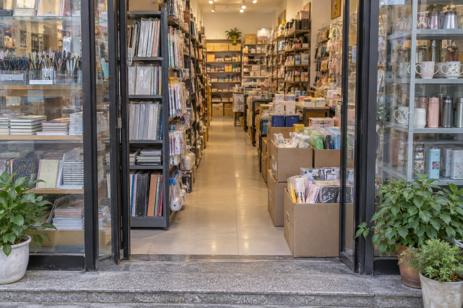 从文具杂货店门外看入,左侧高货架与右侧成排补货纸箱挤占门内空间,门框之间原有的较宽开口只剩狭窄中间通道。