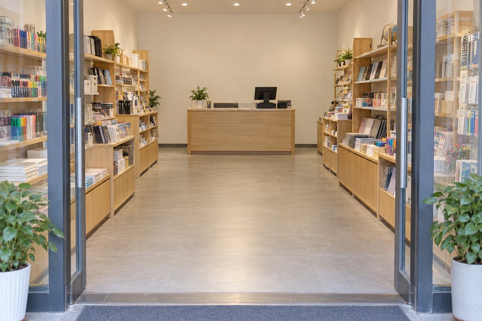 从文具店敞开的玻璃店门看入,门框、中央过道和后方居中的木收银柜在同一条直线上,两侧货架未遮挡,柜后是实墙。