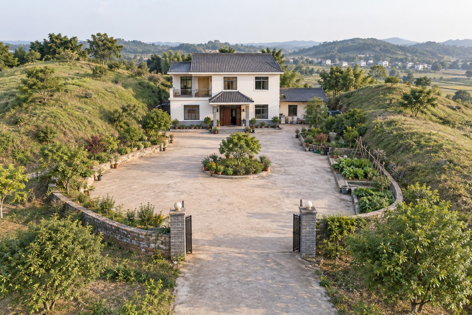 农村住宅左右各有低缓坡地延伸到前院两侧,中央院门保持敞开,两侧不是高楼夹缝。
